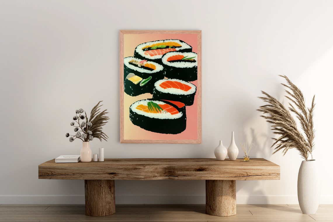 Sushi Rolls Salmon Pop Art Pink Japanese Food Kitchen Wall Poster - Image 2