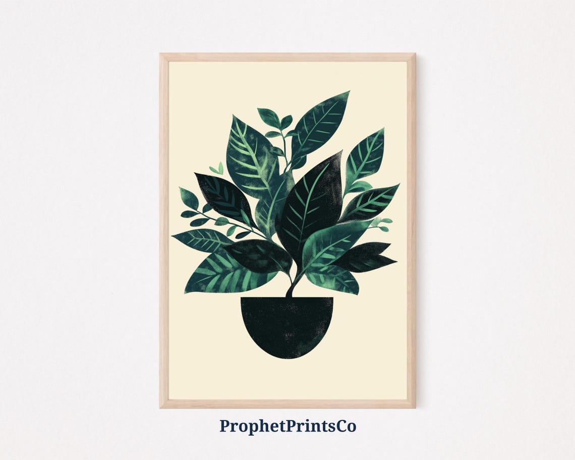 Minimalist Potted Green Plant Leaves Botanical Boho Decor Poster