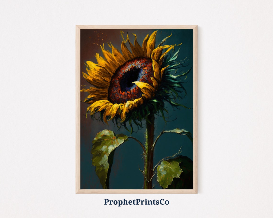 Sunflower Oil Painting Poster Dramatic Dark Center on Teal Background
