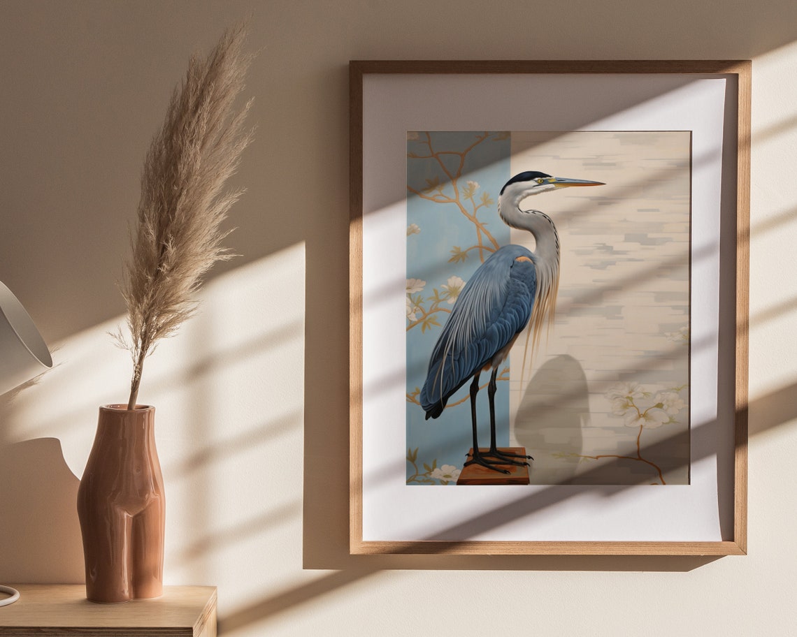 Great Blue Heron By Blossoming Branches Vintage Waterbird Poster - Image 4