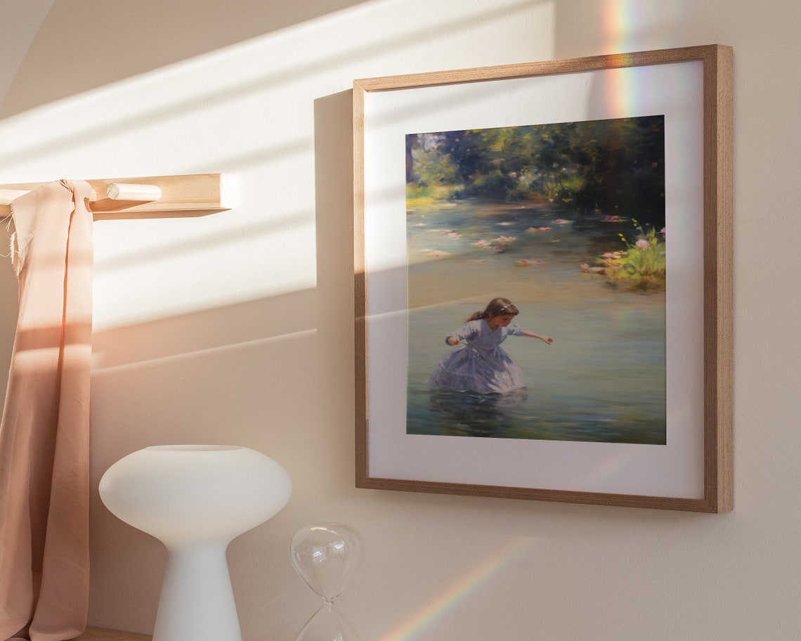 Girl Wading Water Lily Pond Impressionist Summer Painting Poster - Image 3