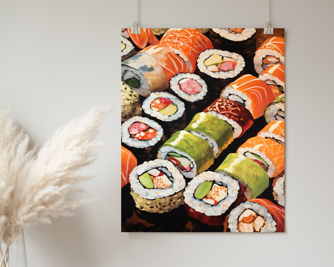 Sushi Rolls Platter Salmon Avocado Maki Food Painting Poster - Image 2