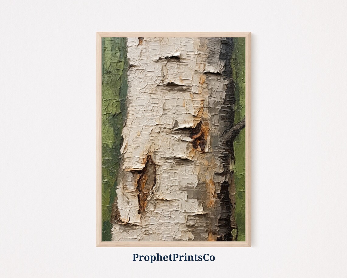 White Birch Bark Oil Painting Textured Forest Green Nature Poster