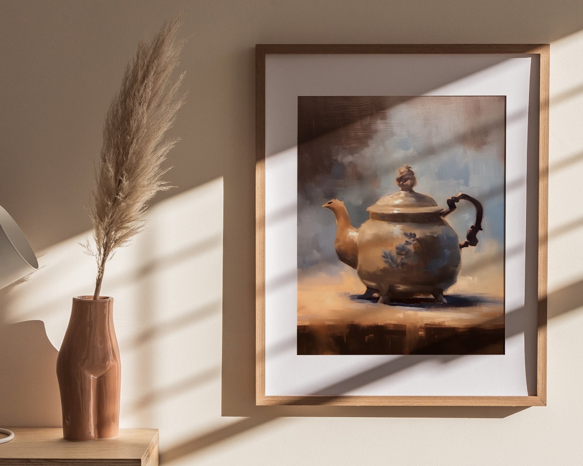Classic Vintage Teapot Still Life Soft Blue Grey Oil Painting Poster - Image 4