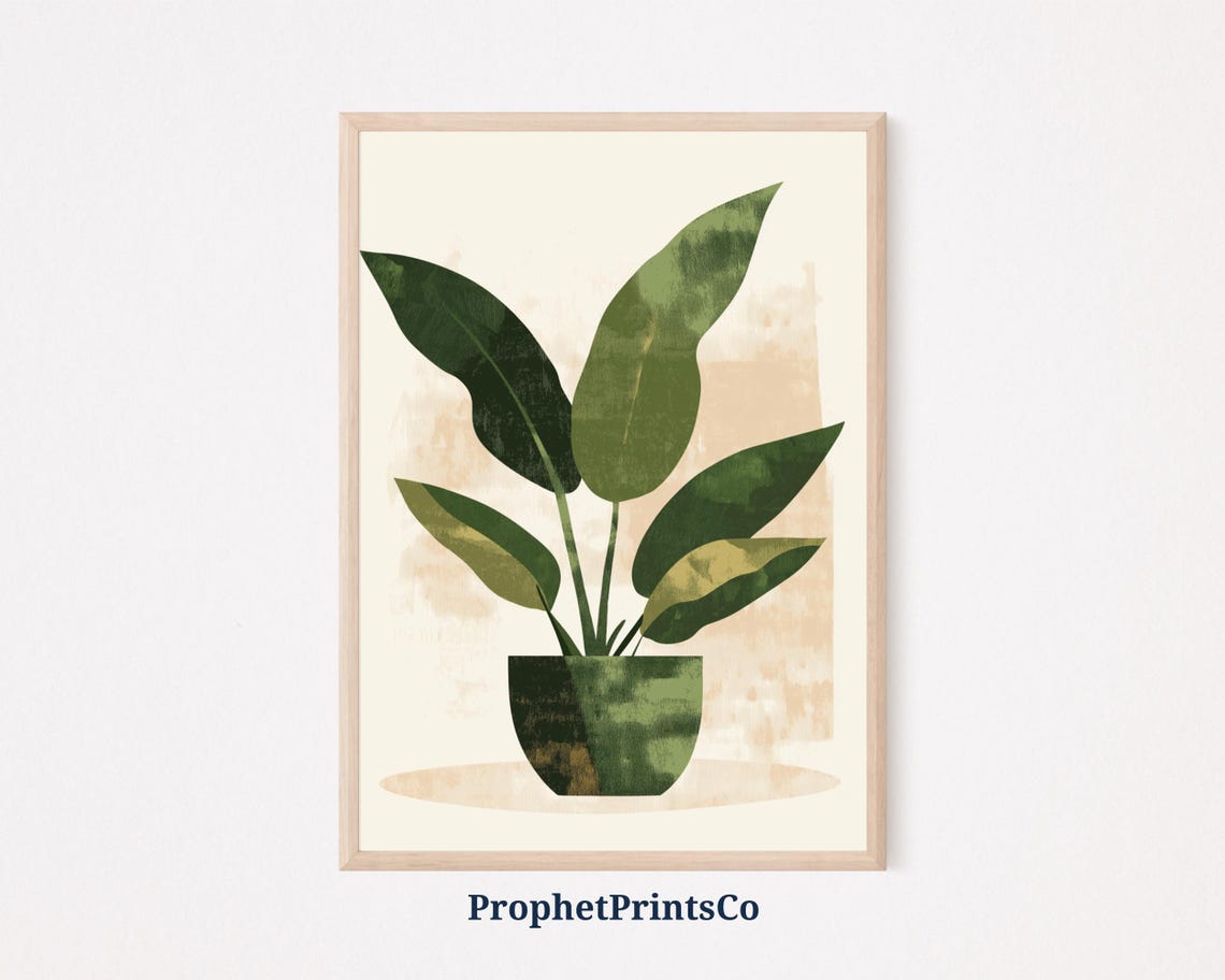 Potted Plant Watercolor Broad Green Leaves Beige Wash Poster