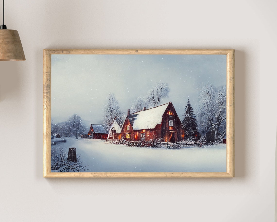Snowy Winter Barn with Glowing Windows Rustic Oil Painting Poster - Image 2
