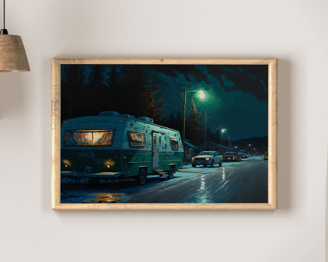 Vintage Camper on Snowy Road at Night Streetlights Retro Painting Art Poster - Image 2