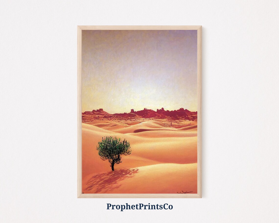 Lone Tree in Orange Desert Dunes at Sunset Landscape Painting Poster