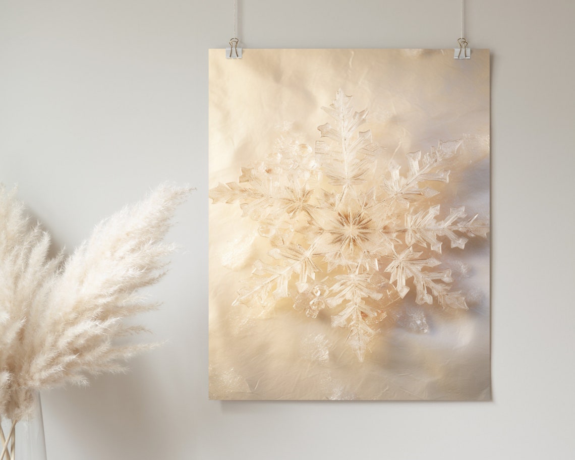 Golden Snowflake Macro Warm Neutral Winter Holiday Wall Poster - Image 2