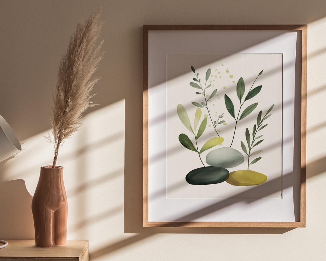 Zen Stones Minimal Watercolor Leaf Sprigs Natural Calm Decor Poster - Image 4