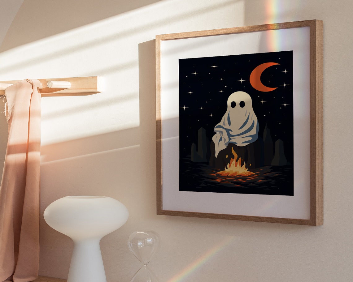 Cute Ghost Campfire Under Starry Night Moon Halloween Poster - Image 3