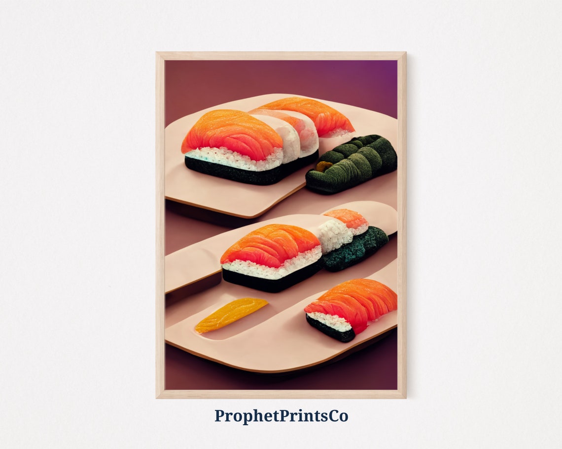 Retro Salmon Nigiri Sushi Plate Fun Pop Art Kitchen Wall Poster