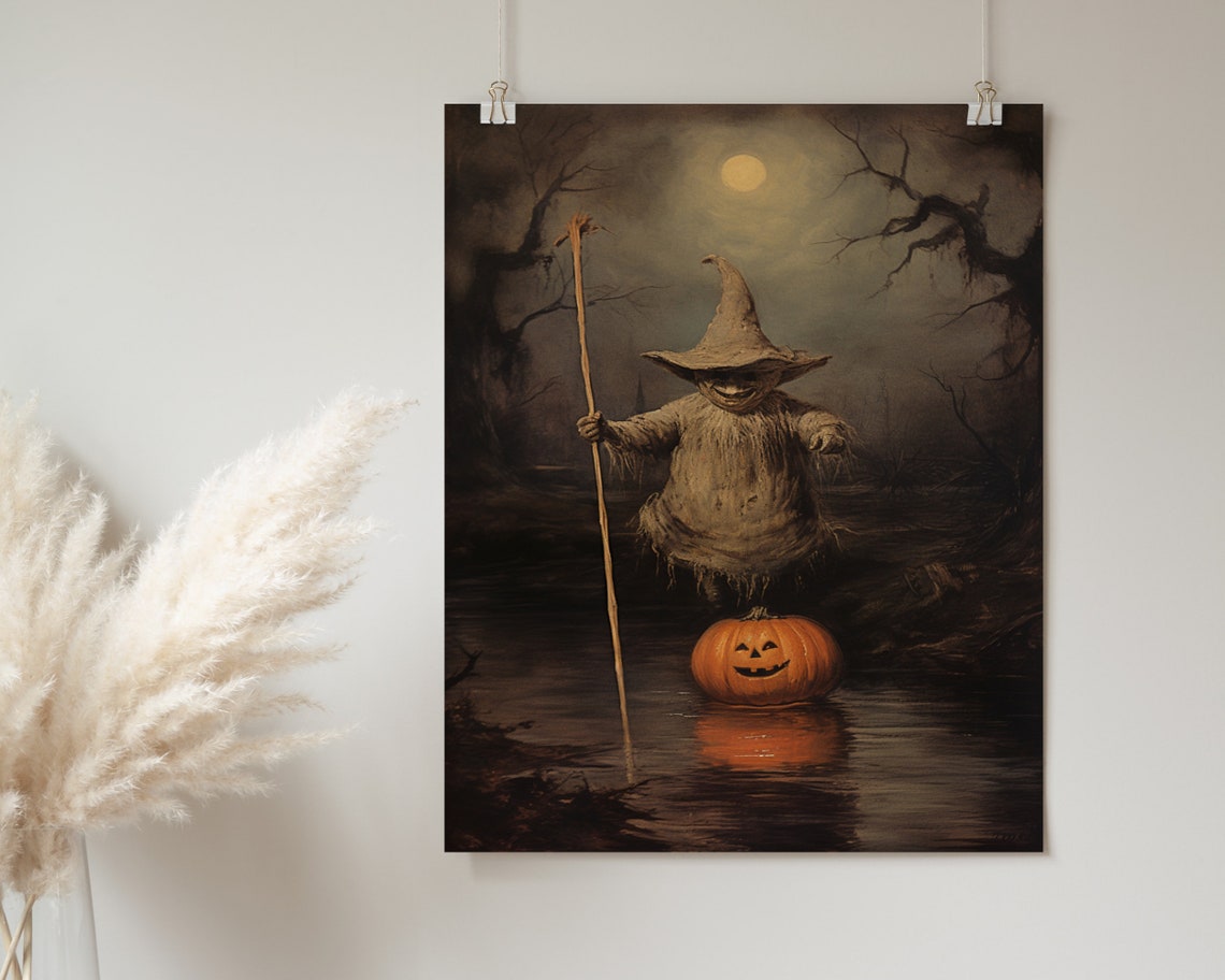 Spooky Witch Figure On Pumpkin Moonlit Swamp Halloween Poster - Image 2