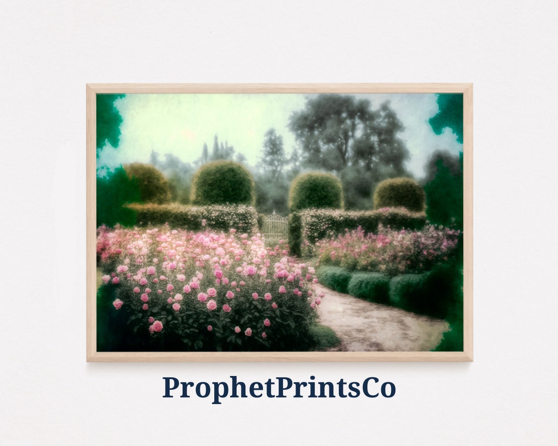 Pink Rose Garden With Topiary Hedges Bright Floral Art Poster