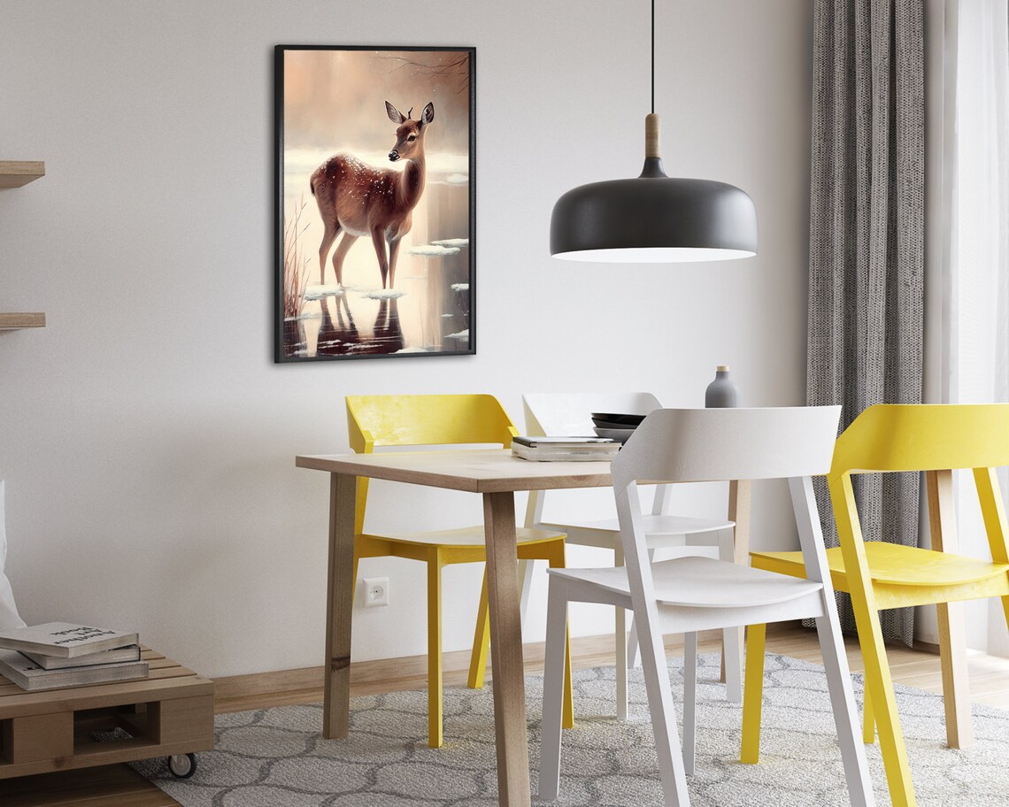 Graceful Doe on a Frozen Winter Lake Oil Painting Wildlife Poster - Image 2