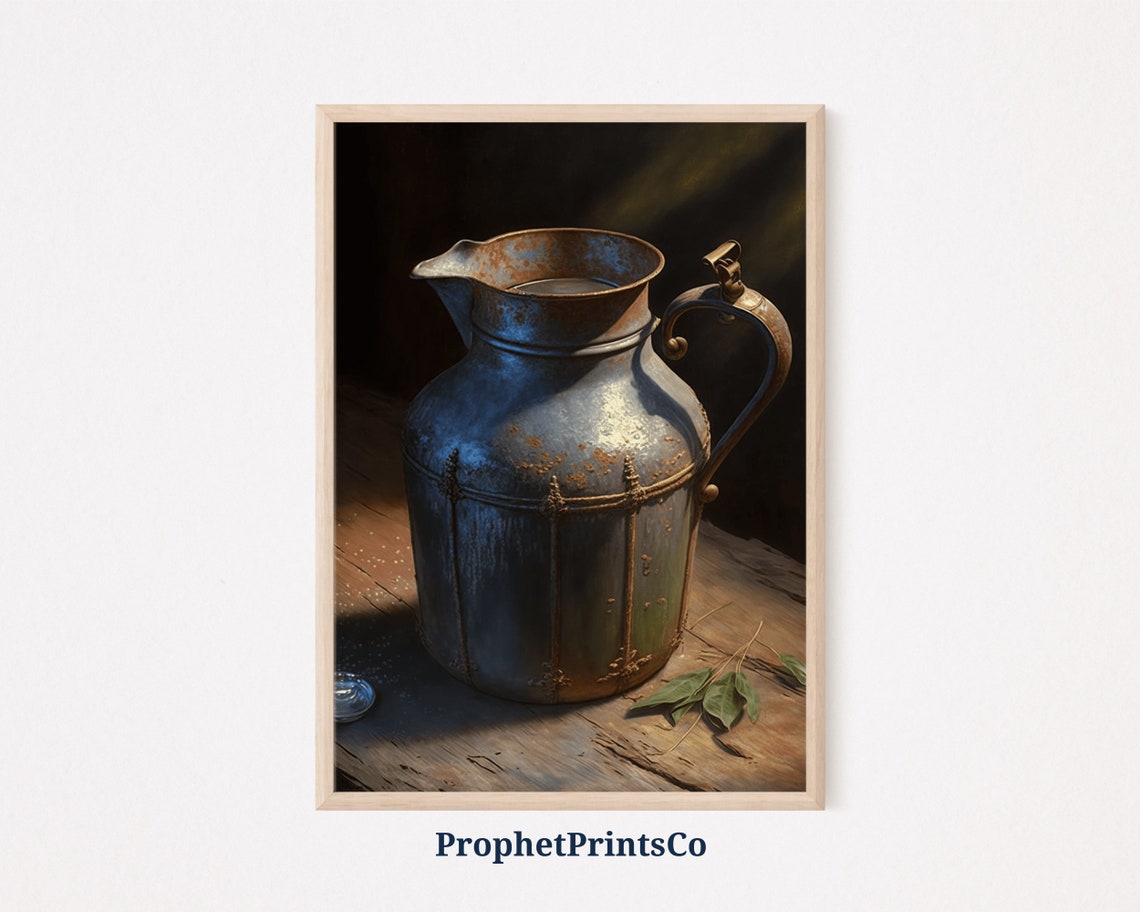 Weathered Metal Pitcher on Wooden Table Rustic Still Life Poster