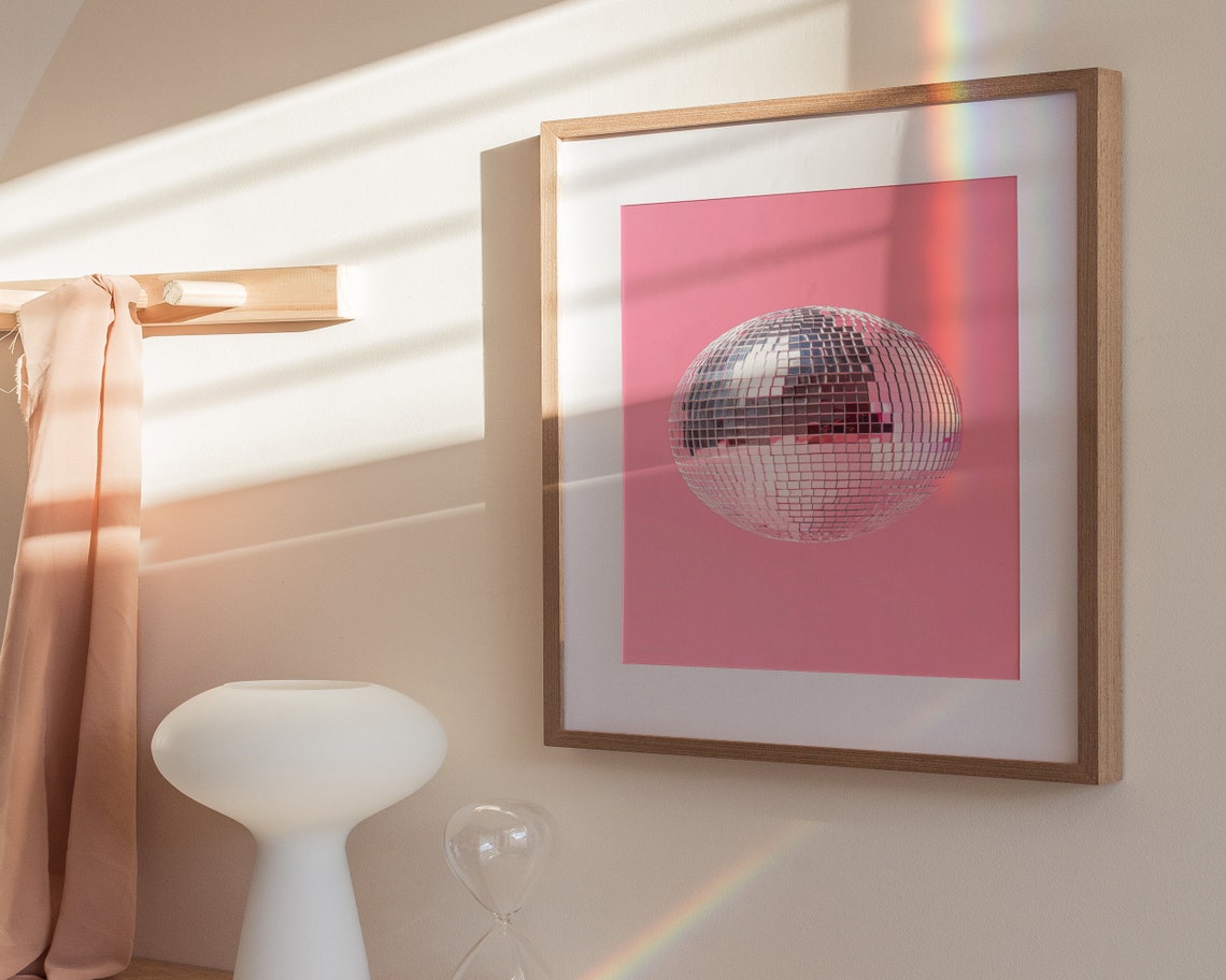 Disco Ball Close Up Pink Background Retro Party Shimmer Decor Poster - Image 3