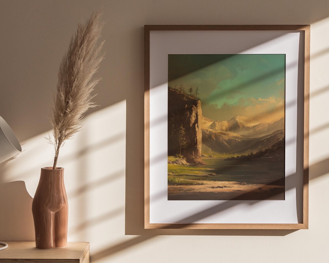 Mountain Cliff Lake Golden Light Vintage Style Scenic Landscape Poster - Image 3