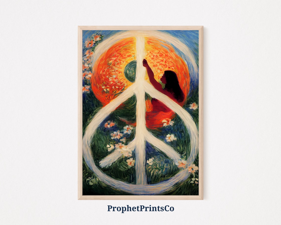 Hippie Peace Sign Woman Reaching Toward Sun Floral Retro Art Poster