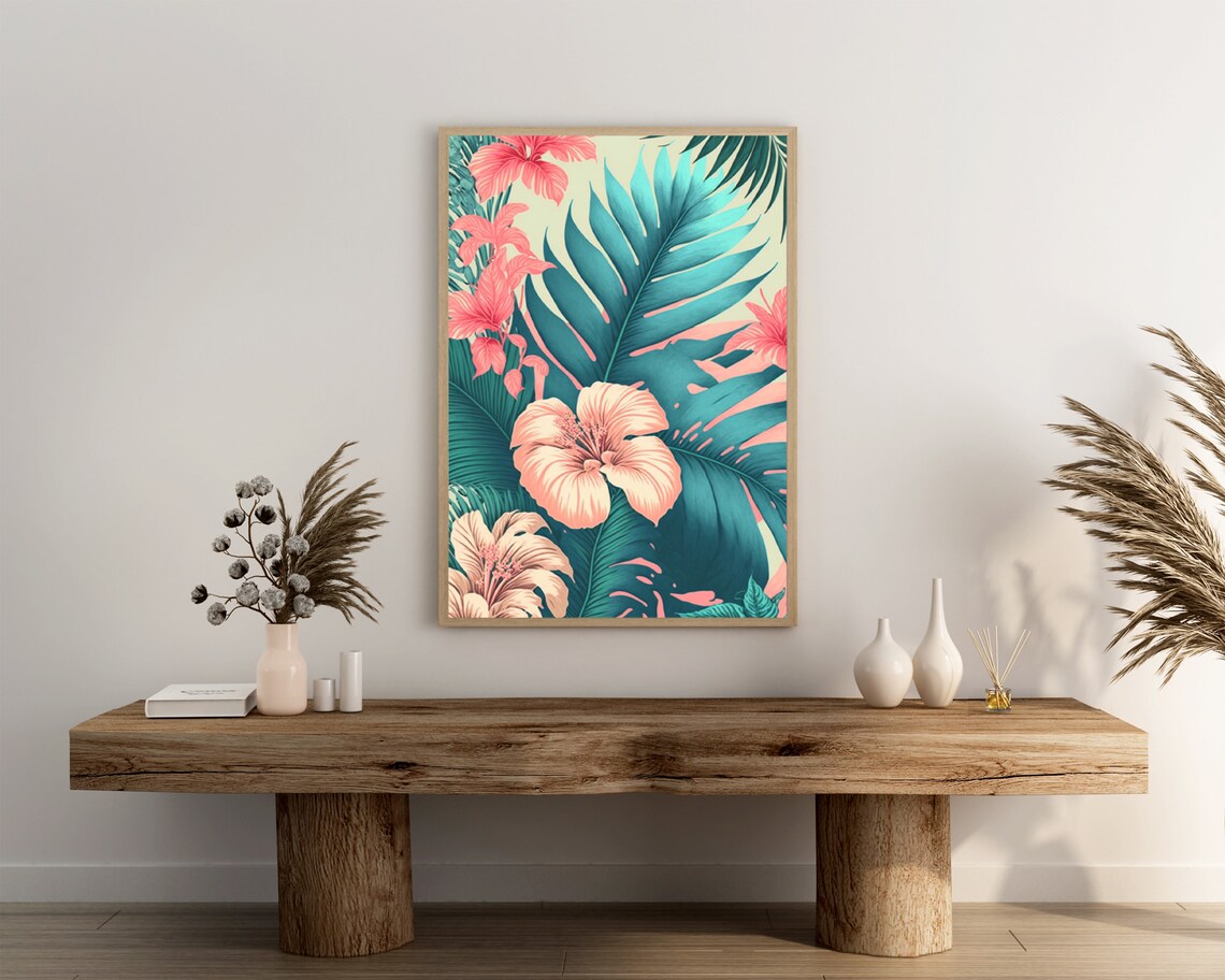 Tropical Palm Leaves And Pink Hibiscus Turquoise Botanical Poster - Image 3