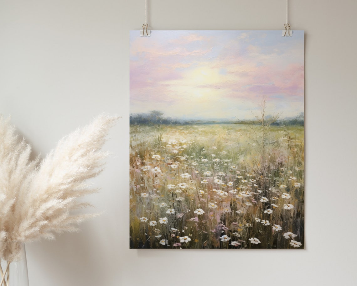 White Daisy Meadow Sunrise Soft Pastel Floral Landscape Poster - Image 2