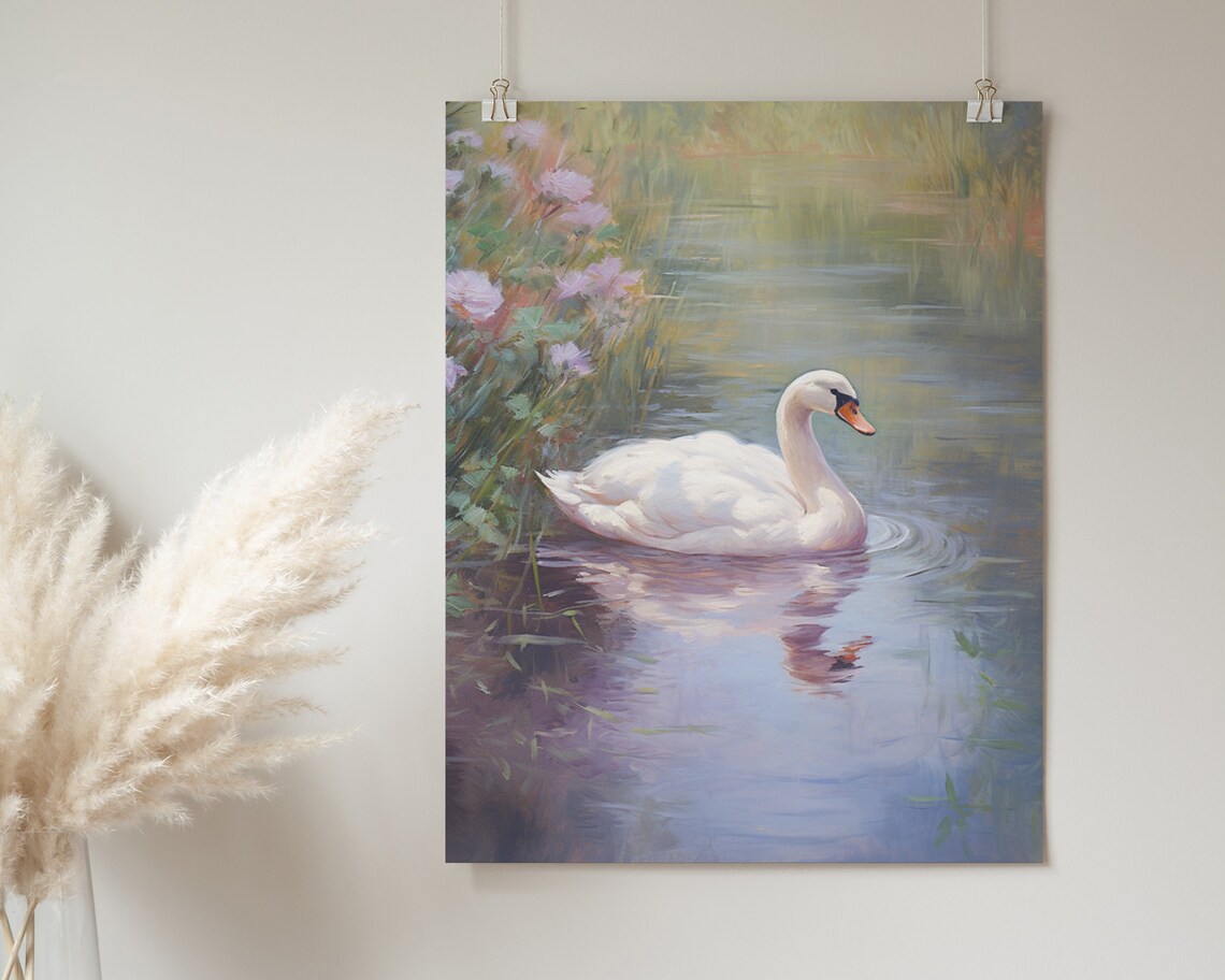 White Swan Pink Flowers Serene Lake Classical Painting Wall Poster - Image 2