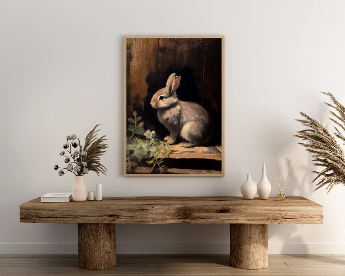 Small Grey Bunny Sitting in a Dark Wooden Shed Oil Painting Poster - Image 3