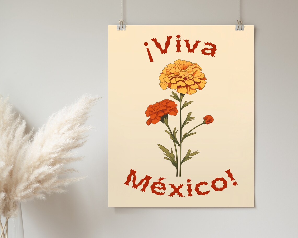 Viva Mexico Yellow Marigold Blooms Festive Mexican Art Poster - Image 2