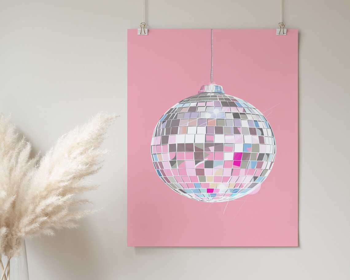 Disco Ball Hanging Illustration Pink Background Glam Party Decor Poster - Image 2
