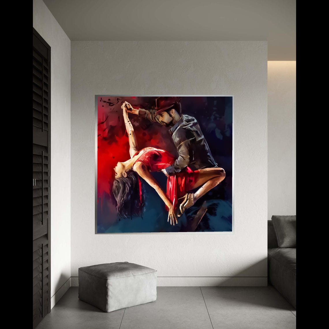 Passionate Tango Dancers Red Dress Deep Backbend Dark Poster