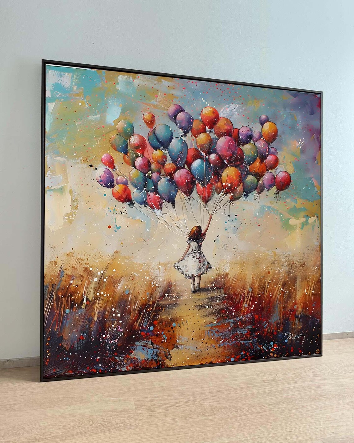 Little Girl Carrying Colorful Balloons Across a Golden Field Poster