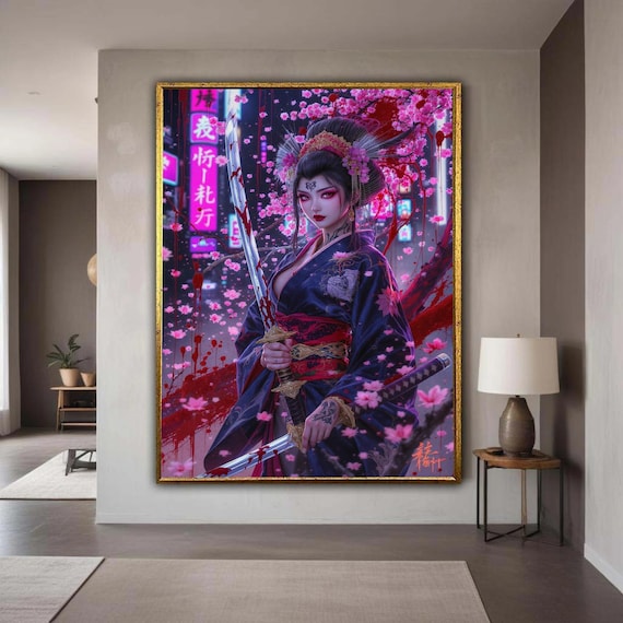 Geisha Warrior Katana Cherry Blossom Neon Night Anime Art Poster