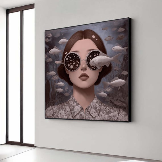 Surreal Woman With Fish Glasses Canvas Underwater Fantasy Wall Art Modern Surrealism Portrait Unique Decorative Gift Home Decor