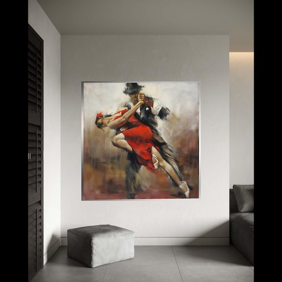 Passionate Tango Dance Couple Canvas Red Dress Art Romantic Ballroom Painting Abstract Wall Home Gift Decor