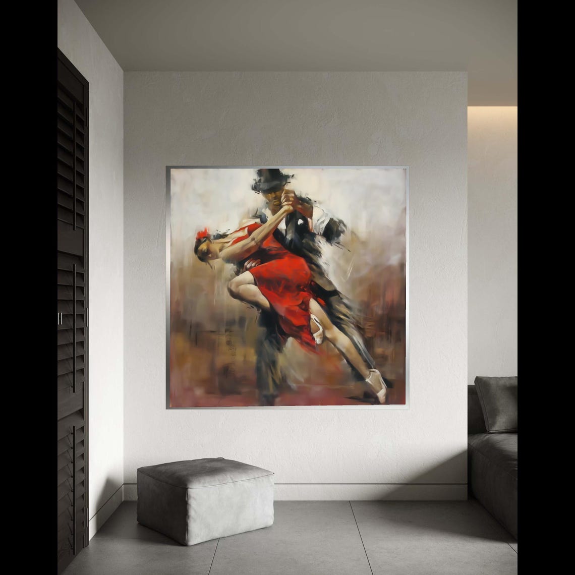 Dramatic Tango Dip Red Dress Warm Brown Tones Oil Painting Poster