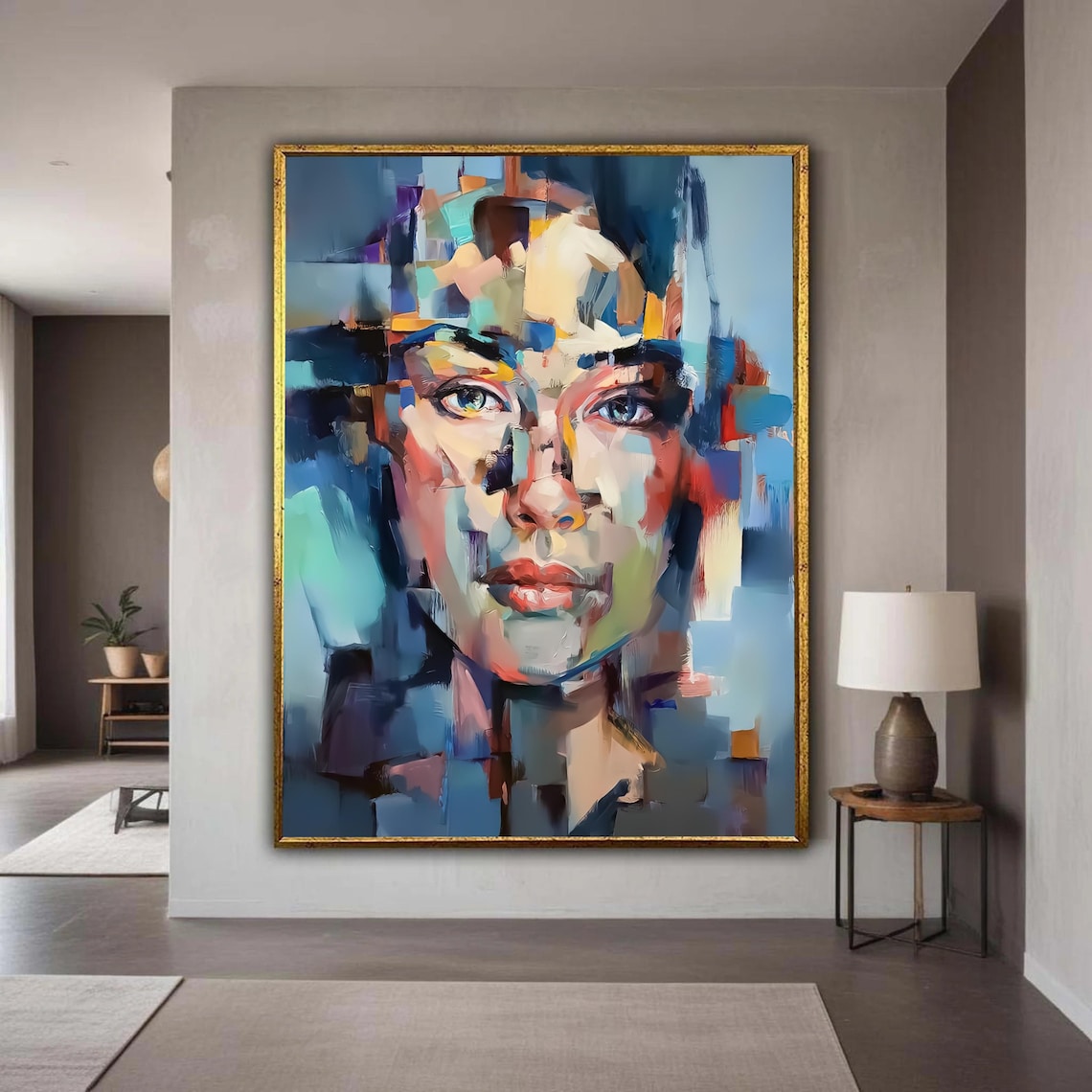 Colorful Abstract Female Portrait Modern Geometric Face Wall Art