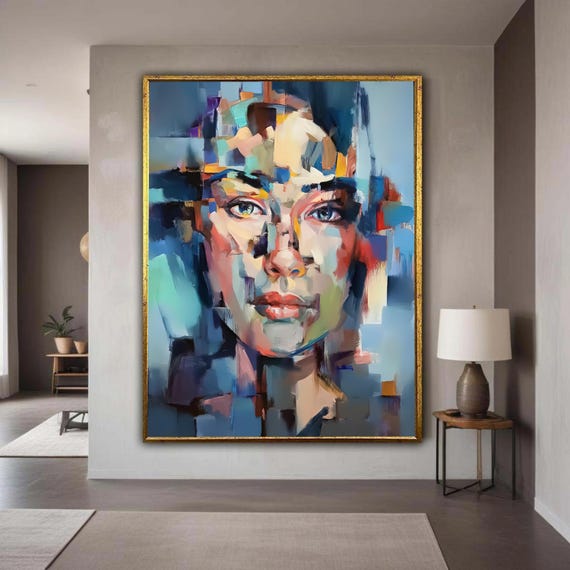 Abstract Female Portrait Canvas Modern Face Art Colorful Geometric Wall Contemporary Expressionism Gift Home Decor