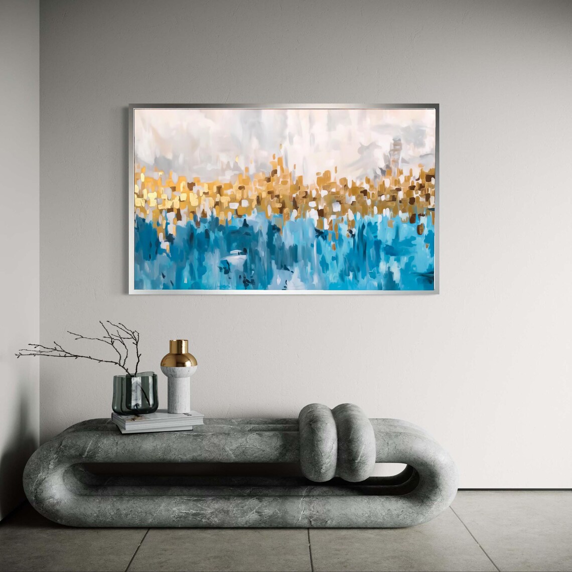 Abstract Blue and Gold City Skyline Impressionist Modern Art Poster