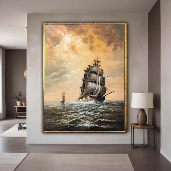 Classic Sailing Ship Under Golden Clouds With Seagulls Nautical Poster