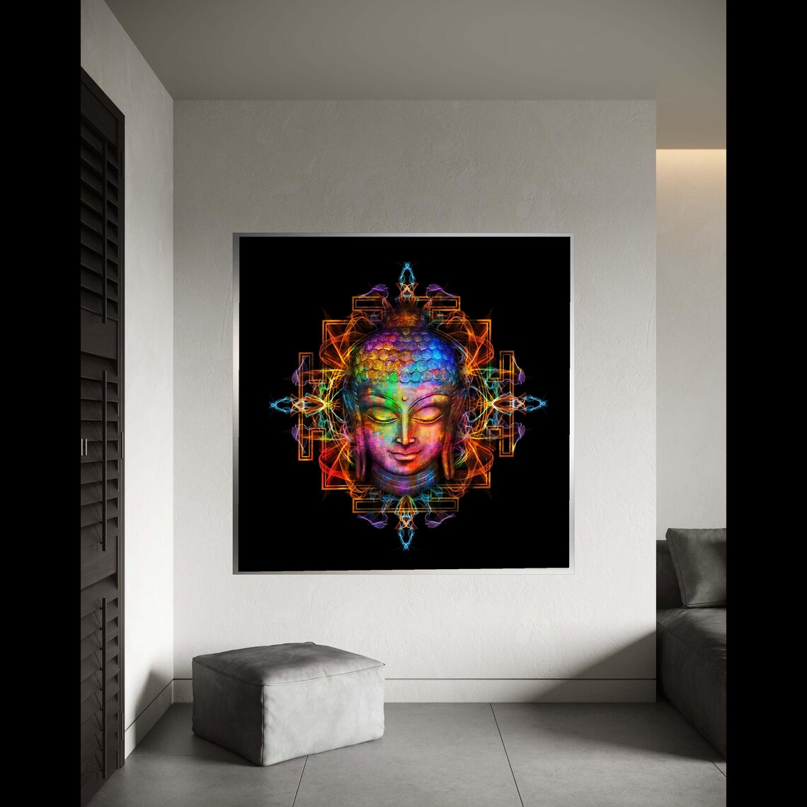 Colorful Buddha Mandala Glowing Geometric Spiritual Black Art Poster