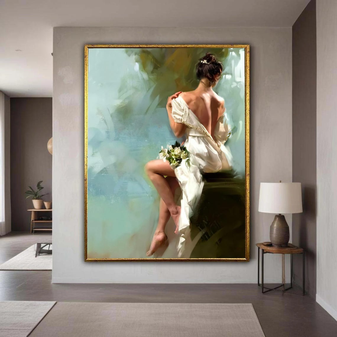 Woman In White Dress Seated Elegant Soft Pastel Figurative Wall Art