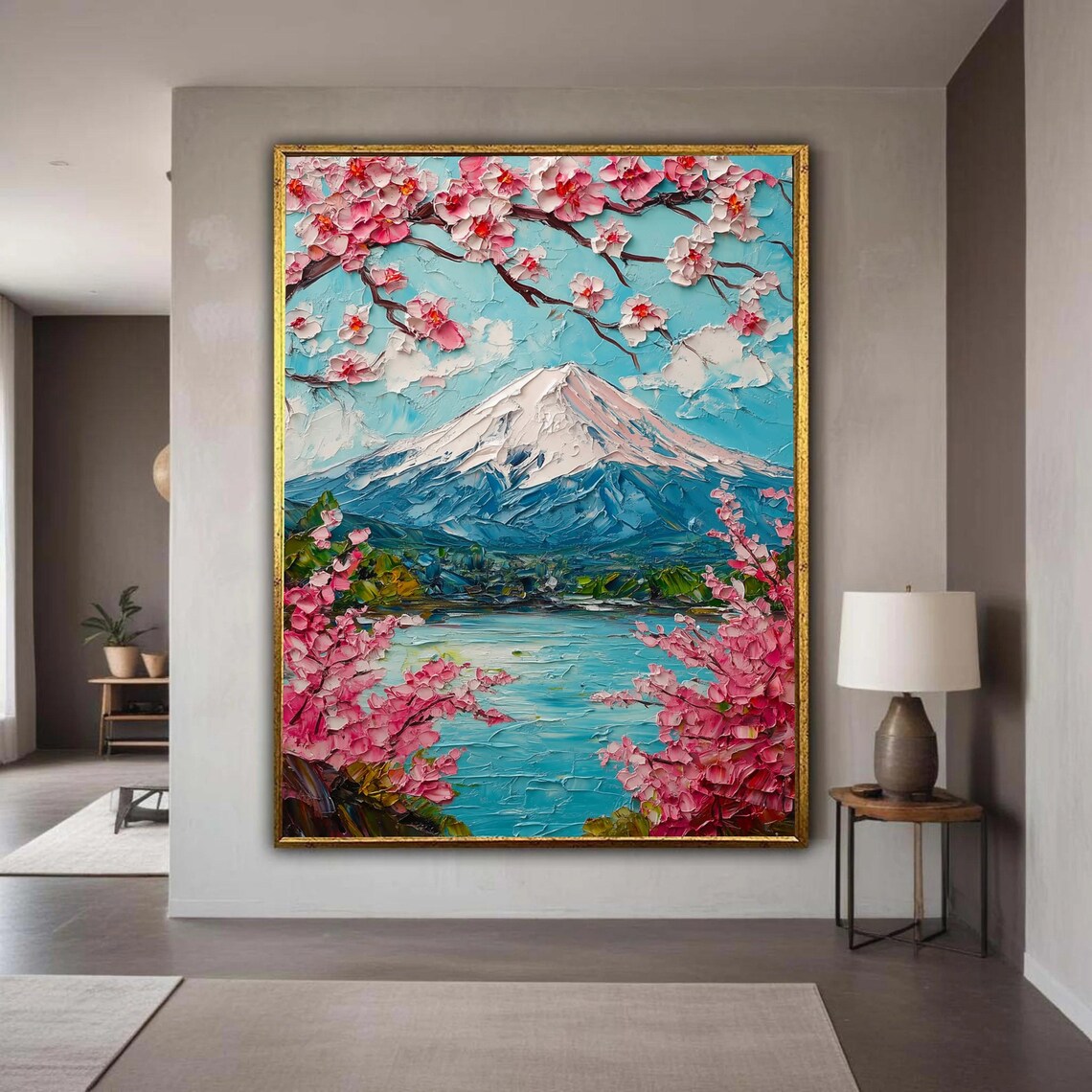 Mount Fuji with Pink Cherry Blossoms Impasto Painting Japanese Spring Scene Poster