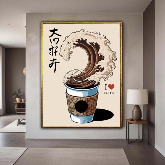 Coffee Wave Canvas Wall Art Japanese Style Cup Illustration Modern Caf Decor Lover Gift Unique Home