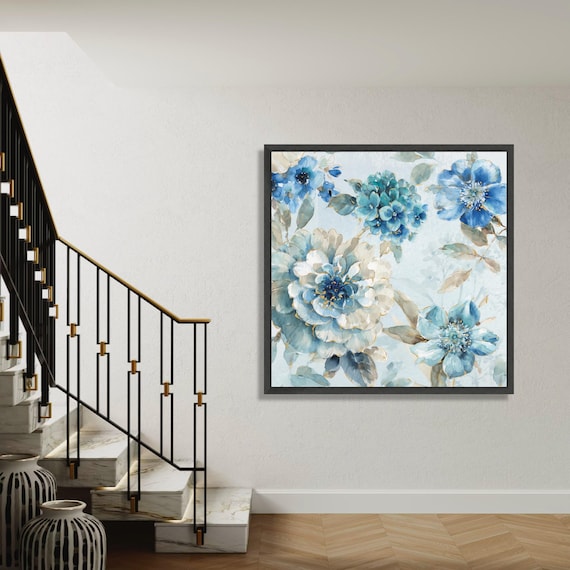 Elegant Blue Floral Canvas Wall Art Watercolor Flower Painting Botanical Home Decor Large Soft Pastel Gift
