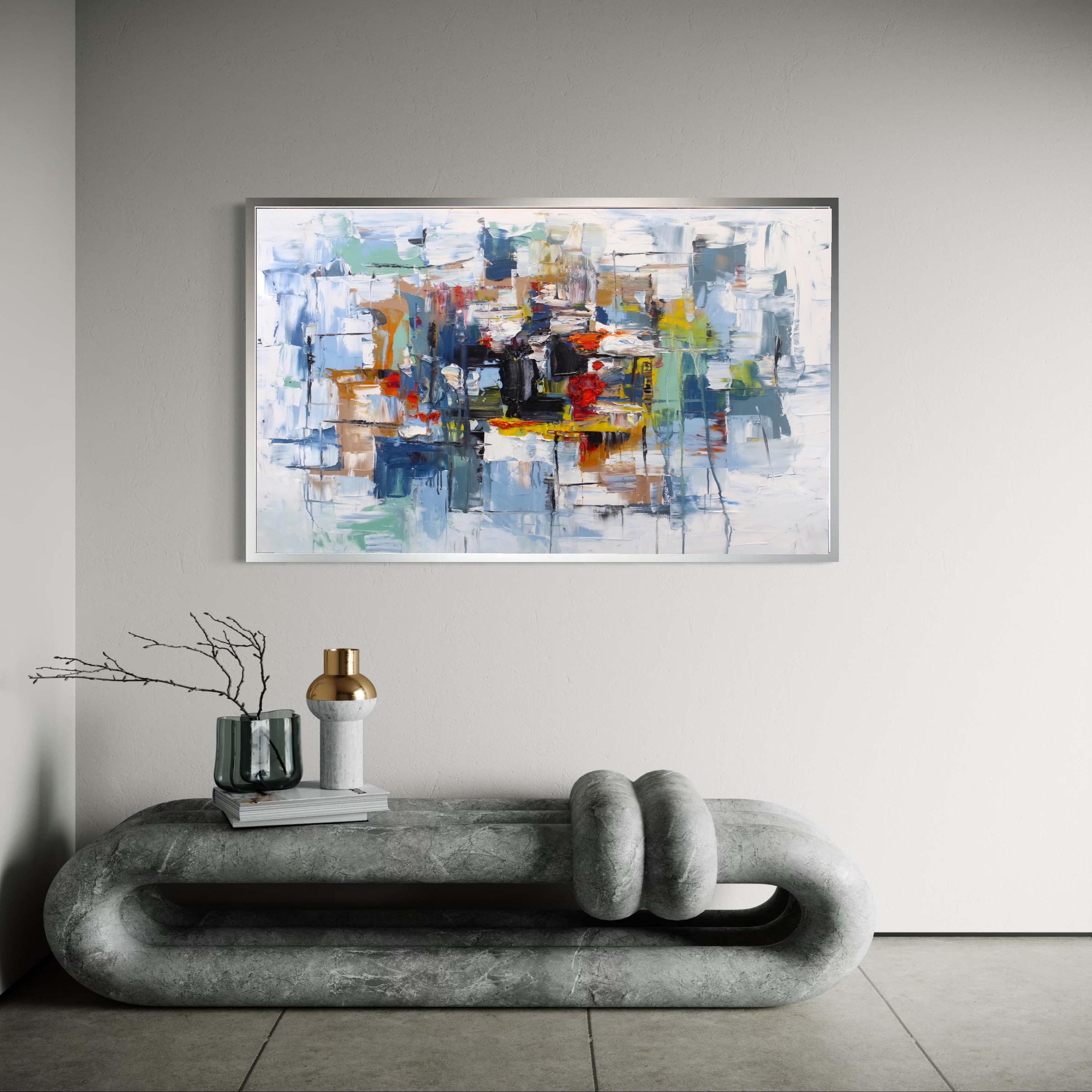 Colorful Abstract Cityscape Blue Orange Red Modern Painting Poster