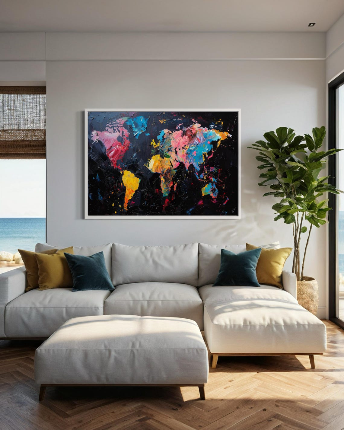 Colorful Abstract World Map Pink Blue Neon Modern Art Poster