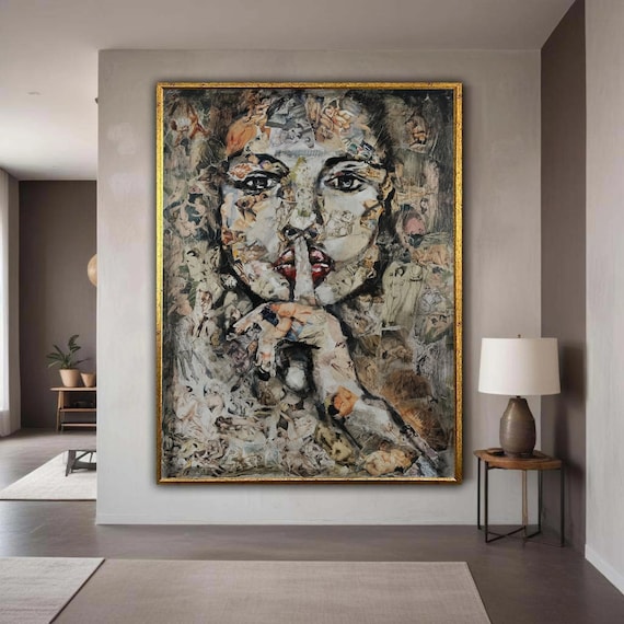 Mixed Media Collage Woman Shushing Abstract Portrait Textured Wall Art