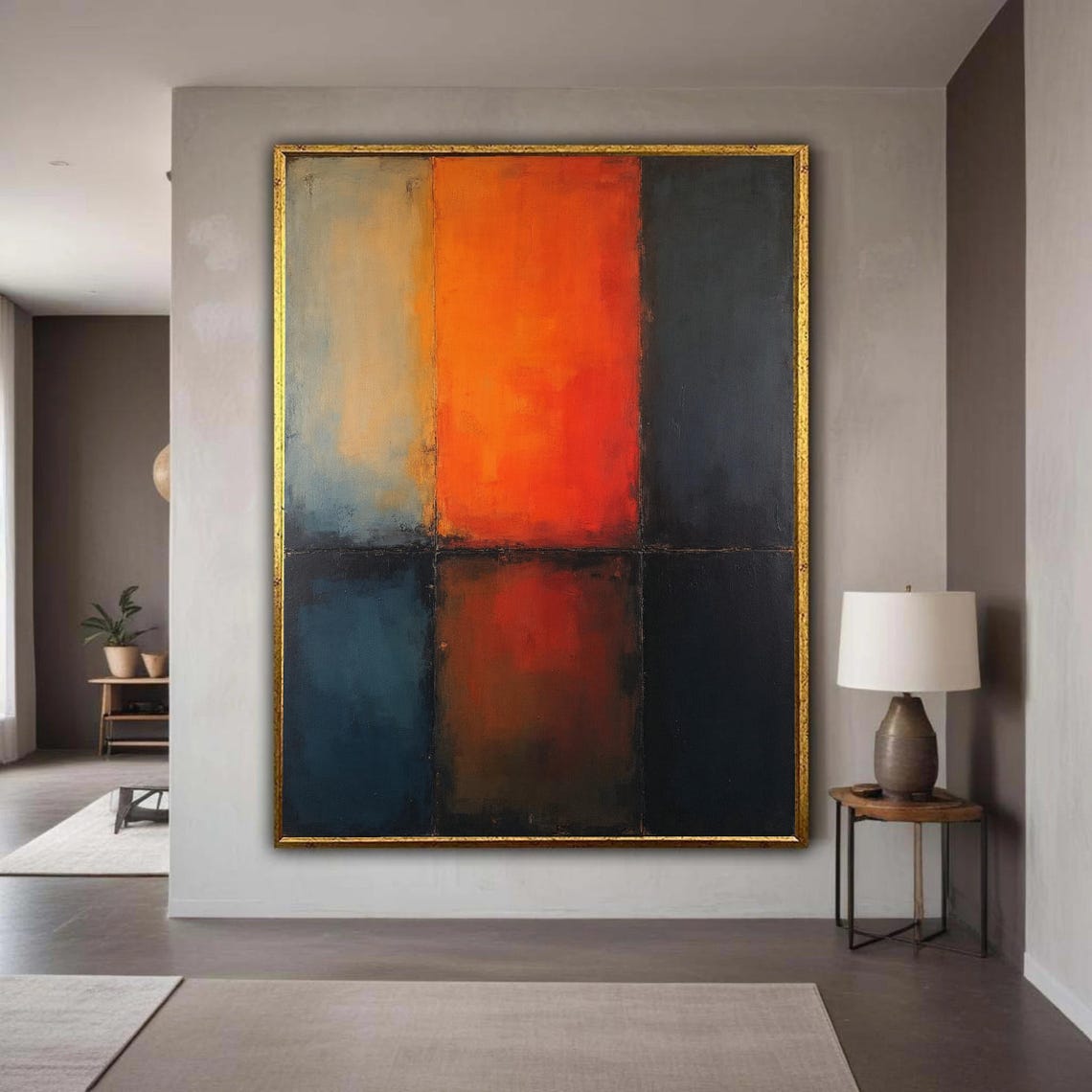 Bold Orange Teal Color Block Grid Mid Century Modern Abstract Poster