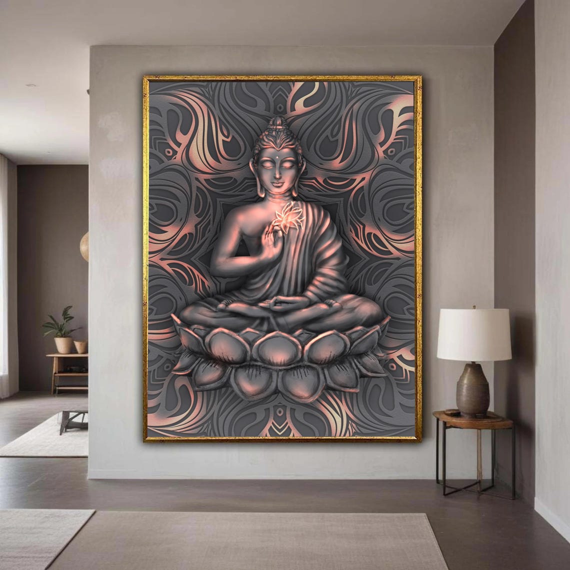 Meditative Buddha Statue Lotus Flower Glow Dark Spiritual Wall Art