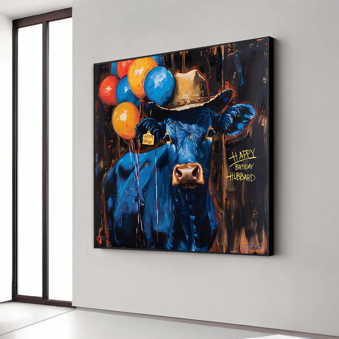 Happy Birthday Blue Cow Cowboy Hat Balloons Funny Farm Poster
